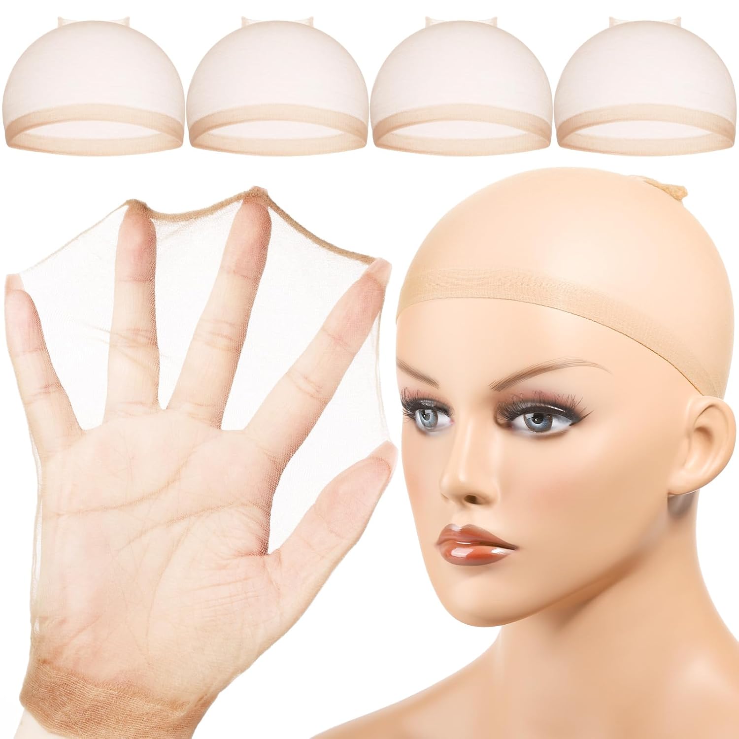 Wig Cap Stocking - หมวกคลุมผมวิกแบบตาข่ายไนลอนระบายอากาศ 4/12 ชิ้น สีเนื้อ ยืดหยุ่น ปิดปลายผม